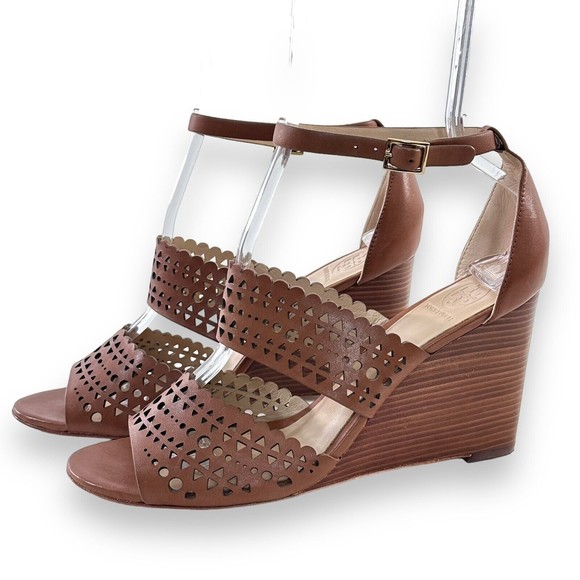 Tory Burch Dress Sandal 8.5 Shoe Brown Leather Gladiator Wedge Heel Perforated - Picture 2 of 9